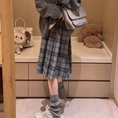 miu系复古格子毛呢百褶半身裙女高腰显瘦A字中长款 学院风中裙韩系