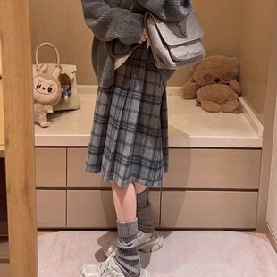 miu系复古格子毛呢百褶半身裙女高腰显瘦A字中长款 学院风中裙韩系