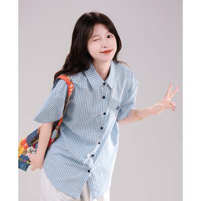 艺野系学院风字母刺绣宽松蓝色格子短袖衬衫女2025夏减龄休闲上衣