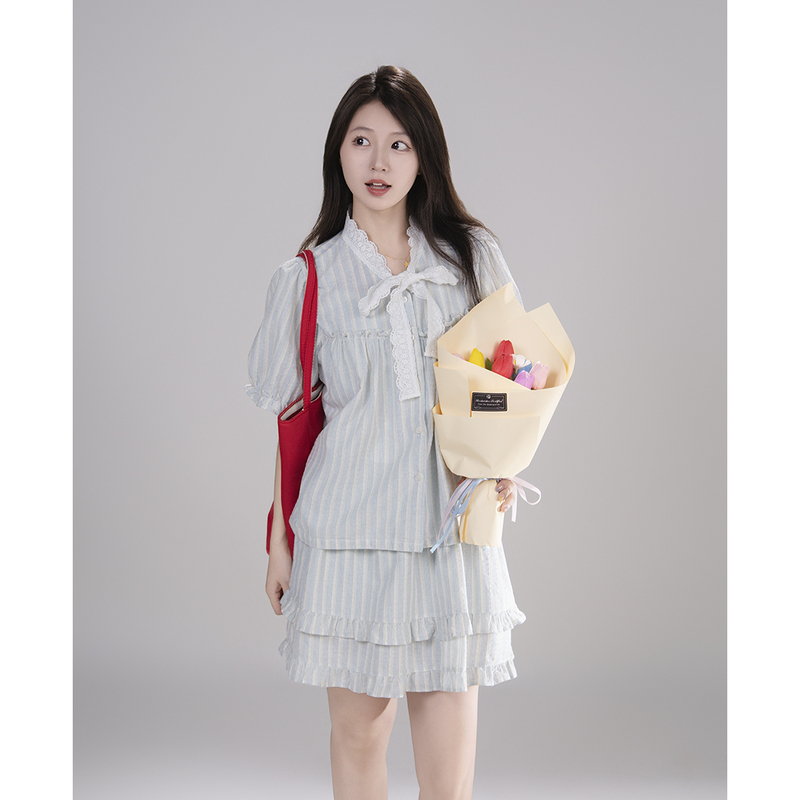 艺野系蕾丝系带短袖衬衫条纹短裙两件套女夏甜美减龄清新时尚套装