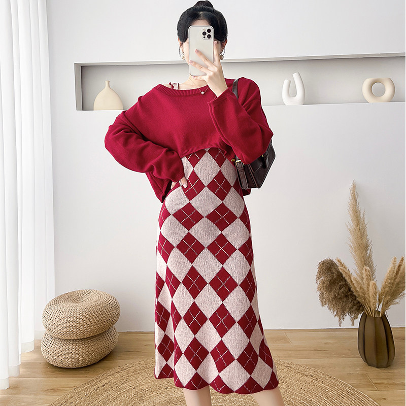 MATERNITY CLOTHES SPRING AND AUTUMN SUITS HIGH-QUALITY HONG KONG STYLE RETRO RHOMBI KNITTED SLIP DRESSES SLIM FIT LONG SLEEVE TWO-PIECE SET
