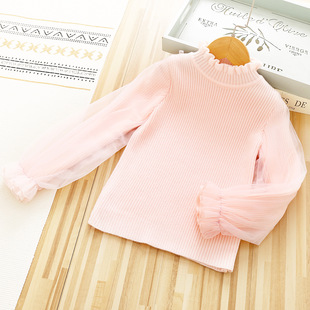女童2025纯色灯笼泡泡袖打底衫毛衣公主花边领网纱袖子女宝针织衫