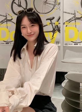 【GuiN】米白色法式宫廷花边宽松落肩长袖V领泡泡袖衬衣arket衬衫