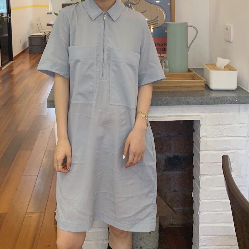 【GuiN】21夏cos风拉链POLO天蓝色纯棉宽松口袋衬衫孕妇连衣裙