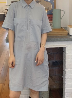 【GuiN】21夏cos风拉链POLO天蓝色纯棉宽松口袋衬衫孕妇连衣裙