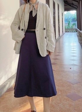 【GuiN】21春百搭藏蓝色复古伞裙半身裙显瘦高腰拼接A字中长裙