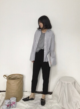 【GuiN】21春 mohan设计师新款简约宽松韩条纹大袖子衬衫女