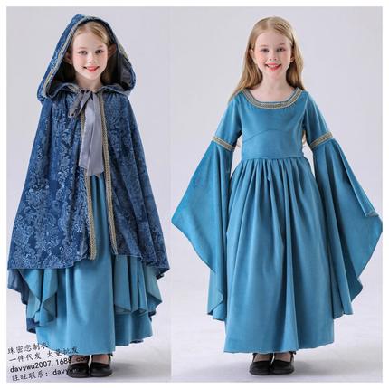 新款女童淡蓝连衣裙女王套装公主服装COS服公主裙魔戒指环王