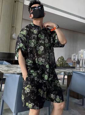 套装男夏季轻薄花卉中袖洋气时尚个性潮牌冰感小衫短裤痞帅两件套