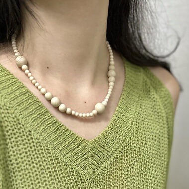 「奶茶冻」原创天然白化石不规则排列圆珠项链通体925纯银自制扣