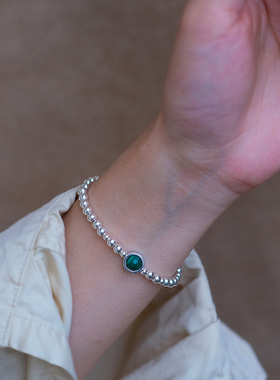 「小行星」天然孔雀石纯银S999银珠手链简约百搭森系闺蜜礼物