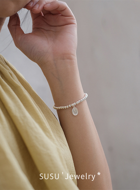 「郁金香」 自制999足银圆珠复古圆牌法式手链文艺简约闺蜜