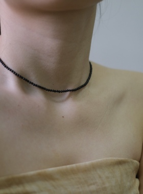自制极细2mm天然黑玛瑙项链925纯银简约精致百搭