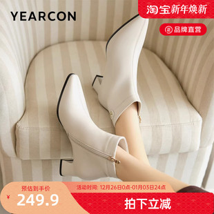 意尔康英伦羊皮小短靴女2025秋冬新款尖头粗跟气质高跟瘦瘦时装靴