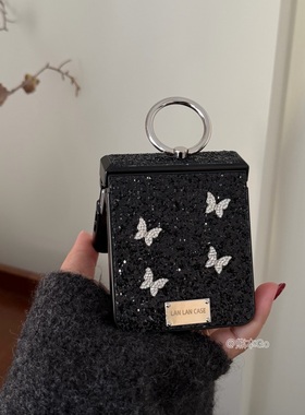 简约黑色闪钻蝴蝶适用三星ZFLIP7/6/5手机壳小米Mixflip2保护套purax华为Pocket2指环硬壳novaflips荣耀Vflip