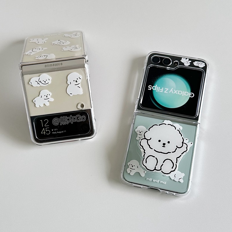 ins可爱兔子小狗支架适用三星zflip6/5/4手机壳小米Mixflip保护壳华为P50pocket2 S透明硬壳荣耀Vflip插画壳