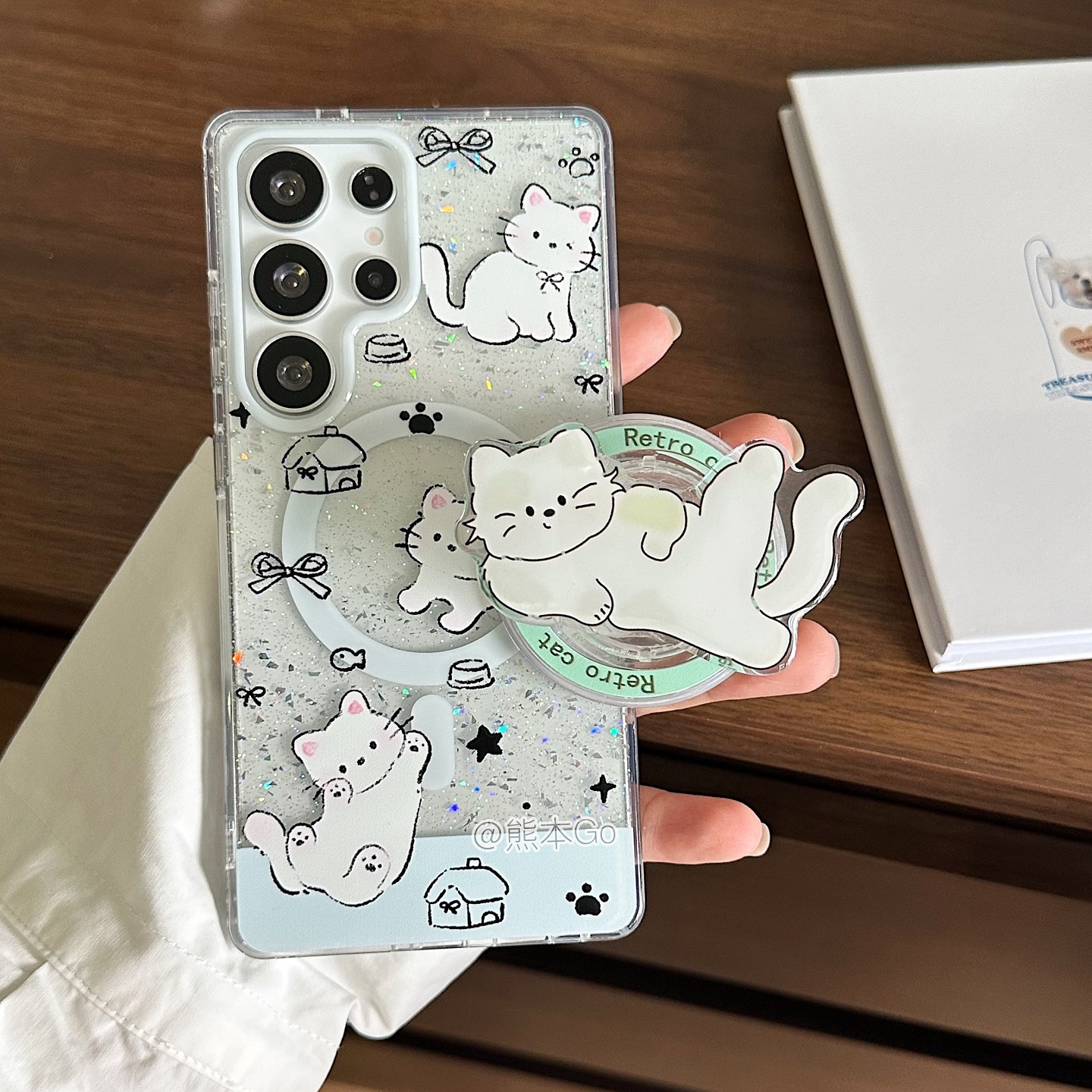 可爱猫咪插画适用三星S25ultra手机壳S24ultra磁吸保护壳S24+粉色少女心ins闪粉壳S25啪嗒支架S23+全包防摔套
