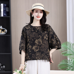 女夏装七分袖棉麻T恤印花名族风上衣文艺风中老年妈妈圆领小衫