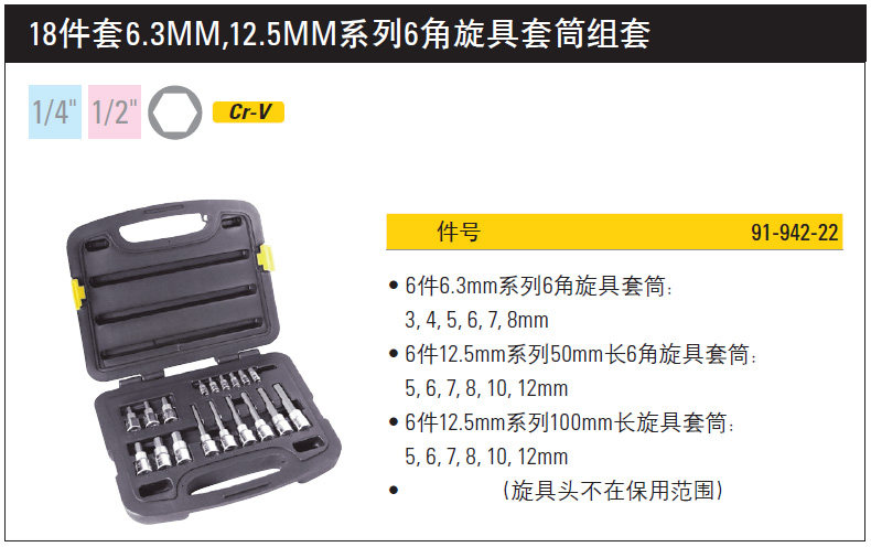 STANLEY 18 piece 6.3MM 12.5MM series hexagonal screwdriver socket set 91-942-22