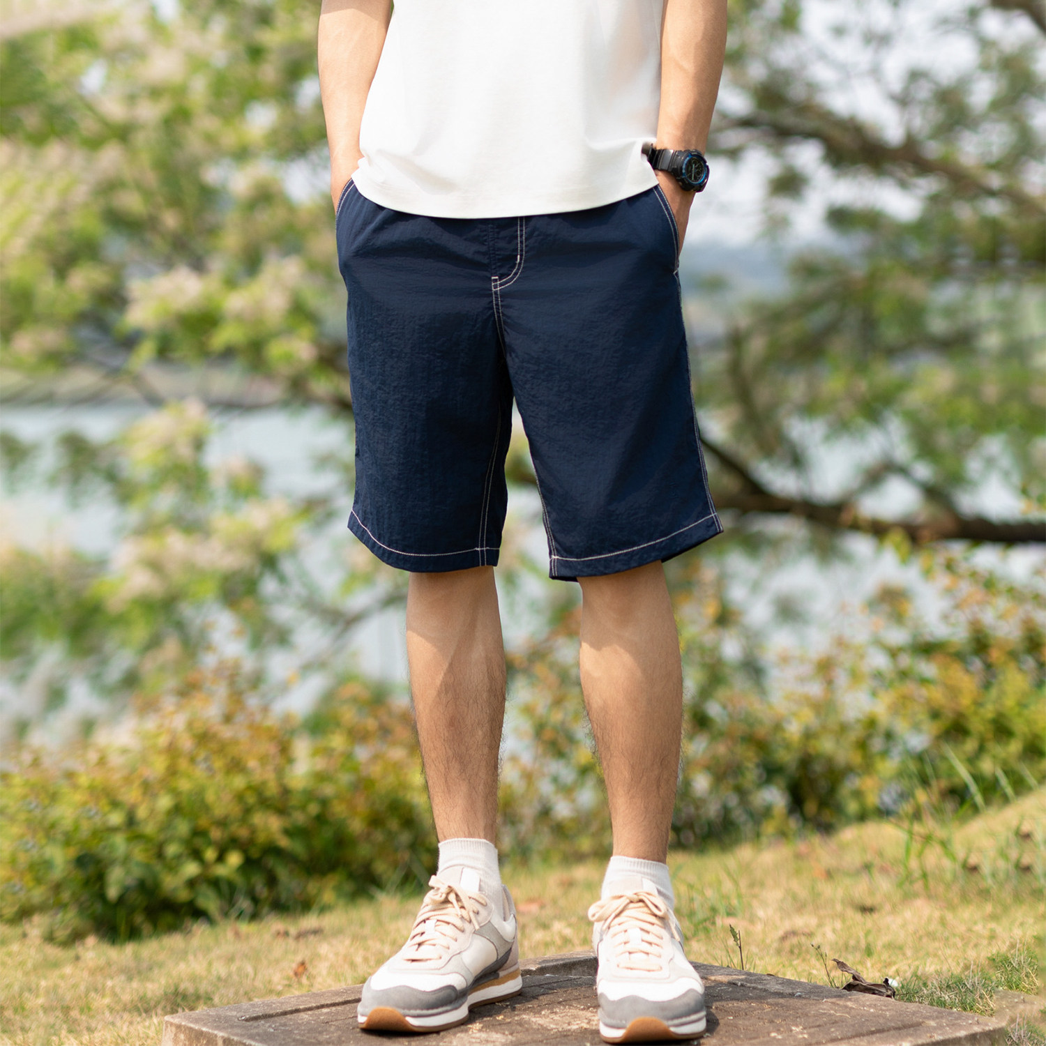 Arba设计 D13 轻户外通勤原纱防泼速干机能深蓝零压短裤（清仓）