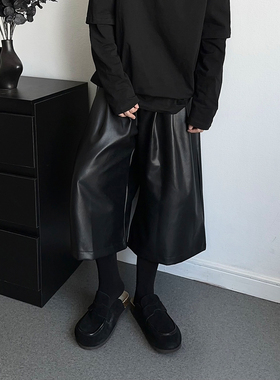 暗黑小众简约七分皮裤中裤2025春夏男女百搭宽松休闲直筒阔腿裤潮