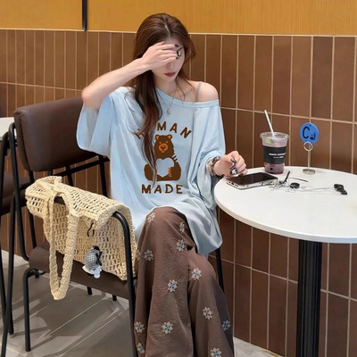 0595小众印染不规则斜肩短袖T恤夏日新款松驰感休闲减龄气质上衣