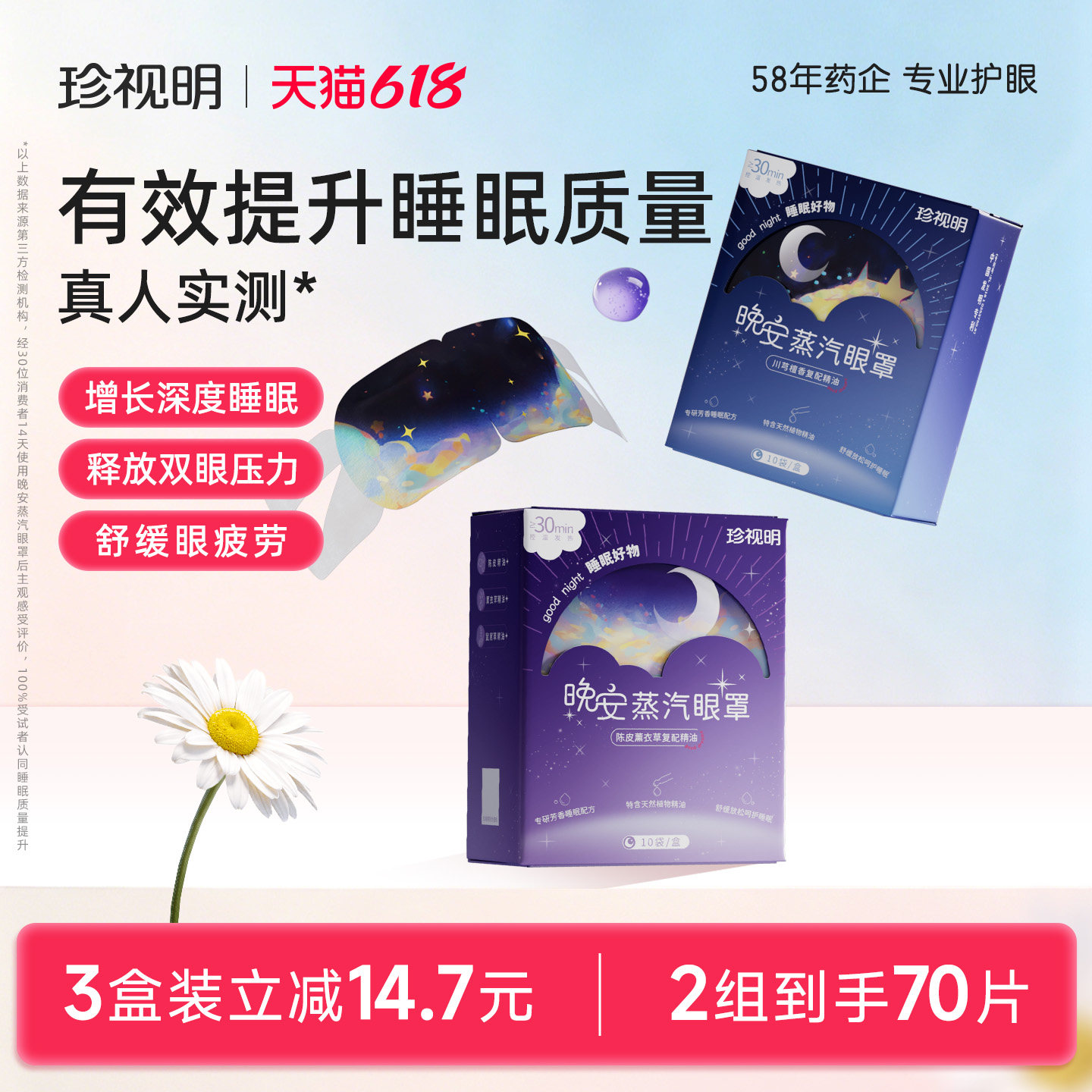 珍视明晚安蒸汽眼罩舒缓眼疲劳发热热敷眼罩精油遮光睡眠眼罩