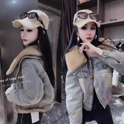 欧货2025冬季新款韩版休闲羽绒服牛仔短外套女洋气大毛领加厚保暖