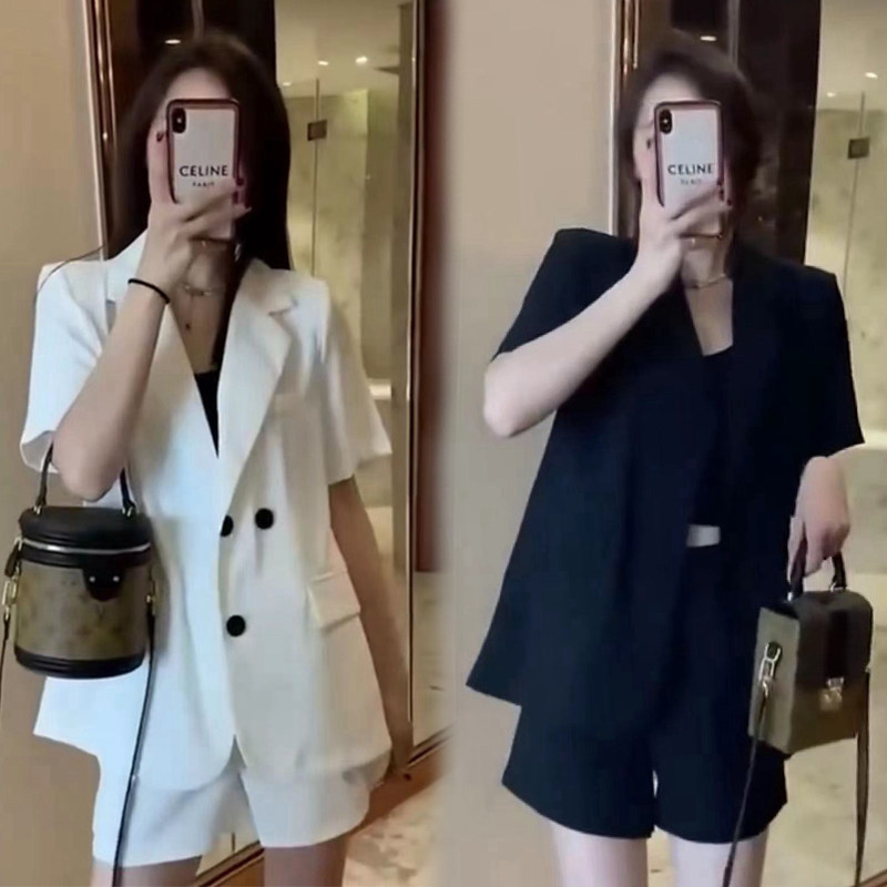简约时尚西装套装女2023夏季韩版开叉西服外套高腰阔腿短裤两件套,女装/女士精品,时尚套装,淘宝优惠券,粉丝福利购,淘宝优惠卷