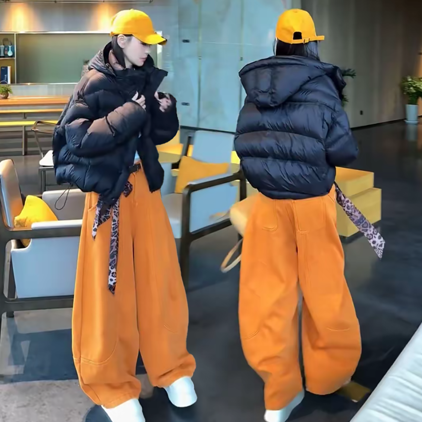 连帽棉衣泡芙龟背棉服阔腿弯刀裤