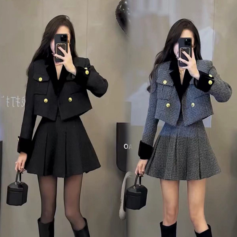 欧货2025春秋新款洋气时尚套装女时髦小香风外套高腰百褶裙两件套,女装/女士精品,时尚套装,淘宝优惠券,粉丝福利购,淘宝优惠卷