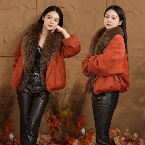 轻奢大毛领加绒蛋白皮夹克外套女