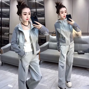 个性拼色休闲运动防晒套装女春秋夏2026新款连帽外套直筒裤两件套