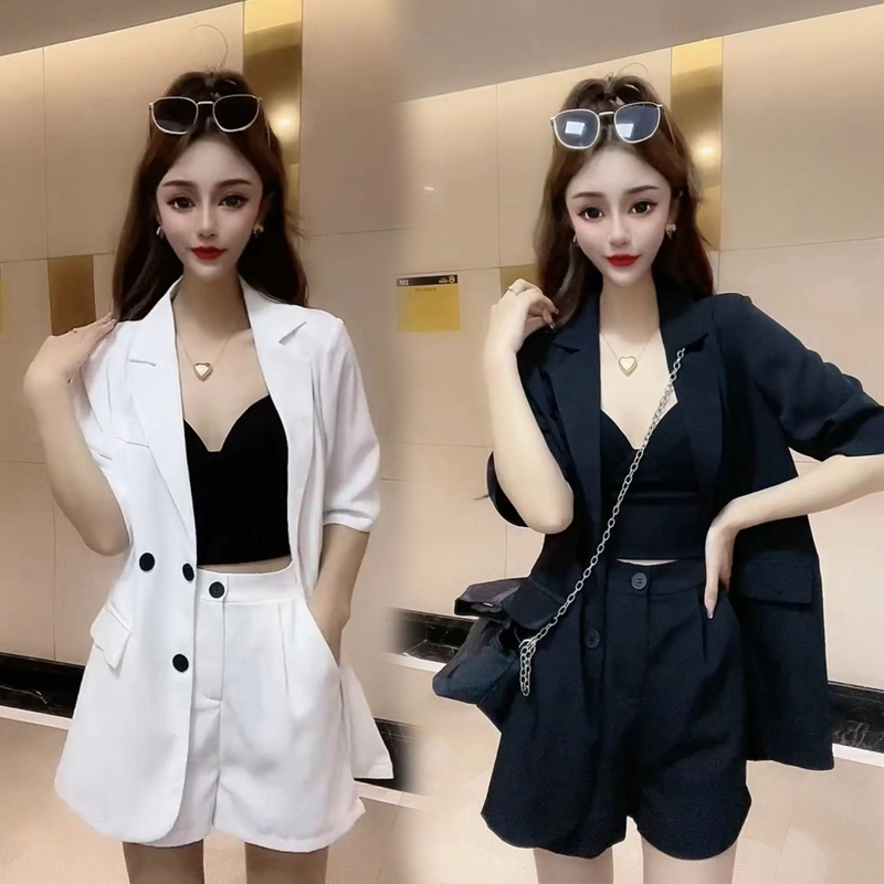 网红爆款时尚套装女2025夏季新款韩版短袖西装短裤两件套半袖西服