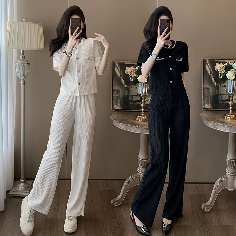 夏季新款短袖小香风圆领时尚套装女洋气薄款半袖直筒阔腿裤两件套,女装/女士精品,时尚套装,淘宝优惠券,粉丝福利购,淘宝优惠卷