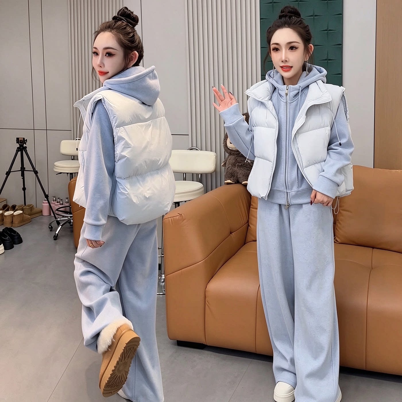 韩版加厚保暖休闲三件套女秋冬季新品连帽卫衣马甲阔腿裤运动套装