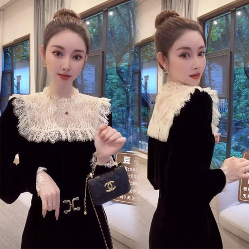 木耳蕾丝花边T恤金丝绒打底衫女