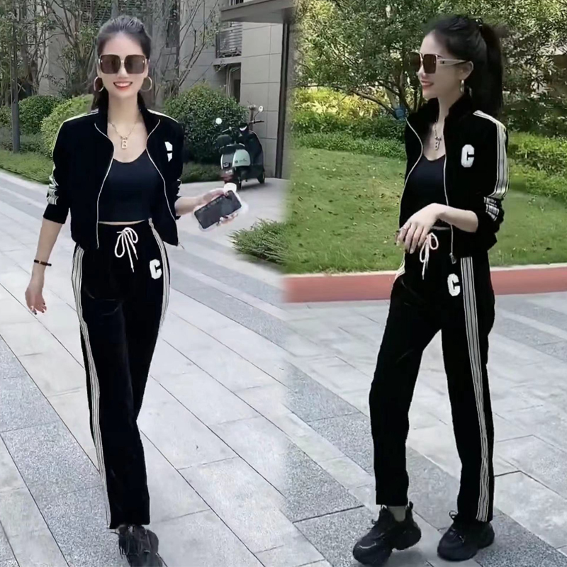 欧货2025春秋新款韩版洋气加绒休闲时尚金丝绒套装女运动服两件套