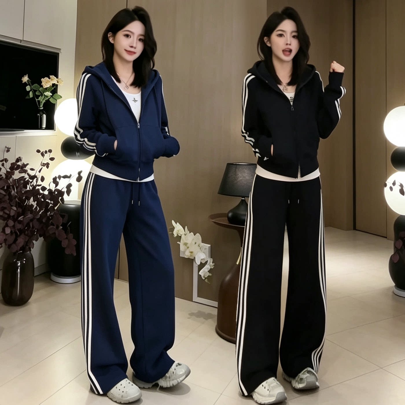 韩系运动风显瘦休闲套装女春秋季新款侧边条连帽卫衣阔腿裤两件套