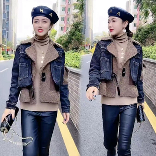 小个子短款羊羔毛拼接牛仔秋冬新款时尚女装洋气加厚小香风外套女
