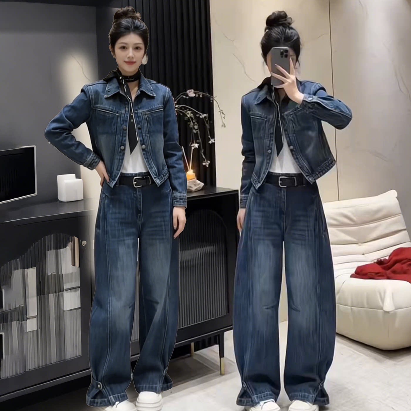 高级感时尚牛仔套装女2026春秋新款显瘦百搭外套弯刀阔腿裤两件套