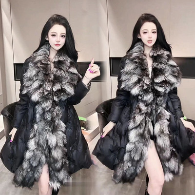 银狐大毛领白鸭绒羽绒服女中长款