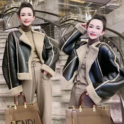 2025冬季新款韩版皮毛一体羊羔毛外套女皮夹克机车服加绒加厚皮衣