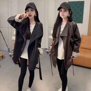 宽松中长款PU皮衣外套上衣女2026春秋新款时尚休闲百搭显瘦皮风衣