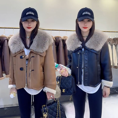 PU皮加绒厚外套皮毛一体机车服