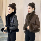 加棉PU皮衣女外套棉服修身 欧货2025冬新款 时尚 仿狐狸毛领加厚棉衣