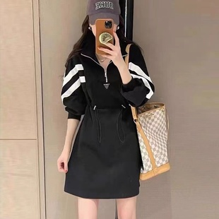 2026春秋季新款韩版时尚半拉链收腰抽绳卫衣连衣裙女修身显瘦高腰