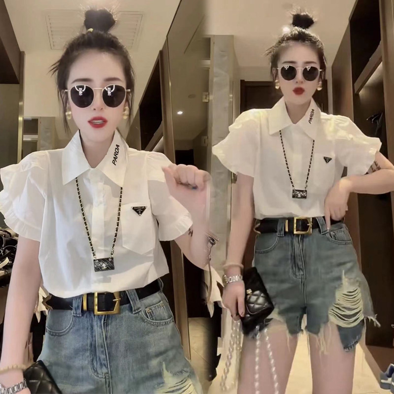 2025夏季新款韩版时尚甜美短袖衬衫女百搭通勤工装白色花苞袖衬衣,女装/女士精品,衬衫,淘宝优惠券,粉丝福利购,淘宝优惠卷