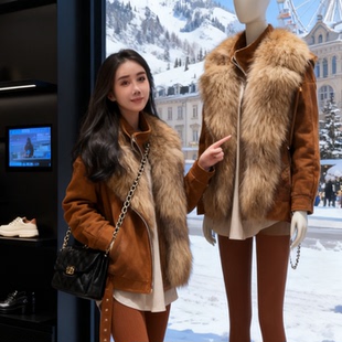 美式复古大毛领加厚棉服外套女冬季新款时尚夹克机车服棉衣派克服