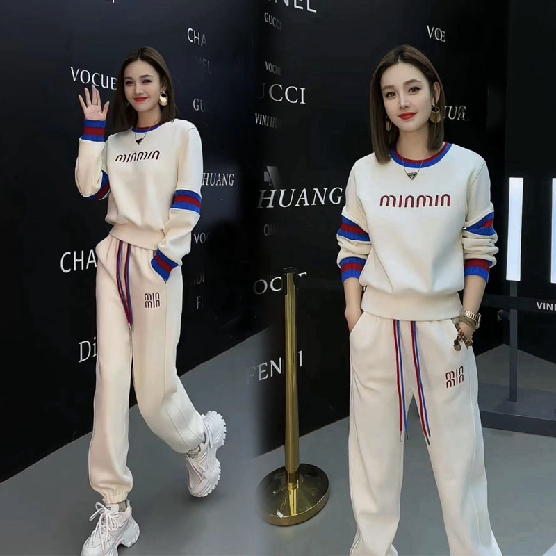 韩版时尚休闲运动服套装女2025春秋季新款刺绣圆领长袖上衣束脚裤